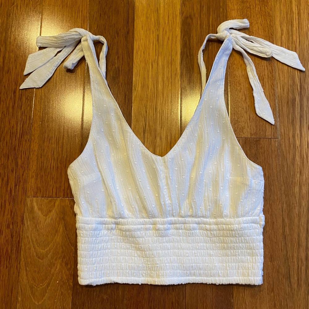 hollister white polka dot self tie bow strap crop top